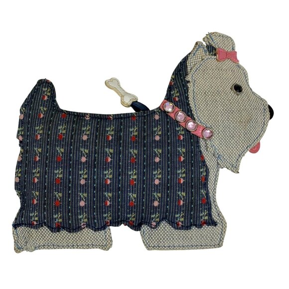 Scottie Dog-Shaped Patchwork Fabric Coin Purse Rhinestone Collar Zipper Closure - Picture 2 of 7